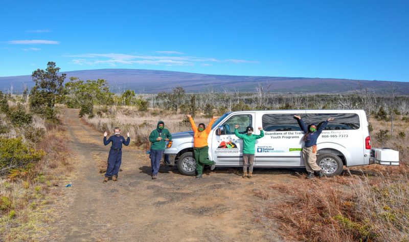 Youth at Mauna Loa worksite – showing off their new van. Left to right, Jade Hathaway, Jyron Young, Emma Tunison, Liam Fien and Marilou Manatan. Photo by Janice Wei