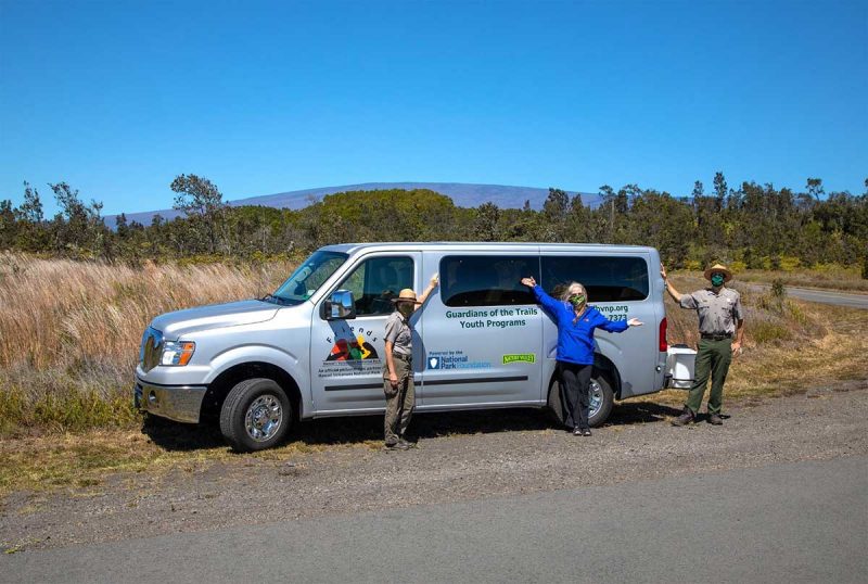 Partnership in action – Hawai’i Volcanoes National Park Superintendent Rhonda Loh, Friends of Hawai’i Volcanoes National Park CEO Elizabeth Fien and park ecologist David Benítez. Photo by Janice Wei